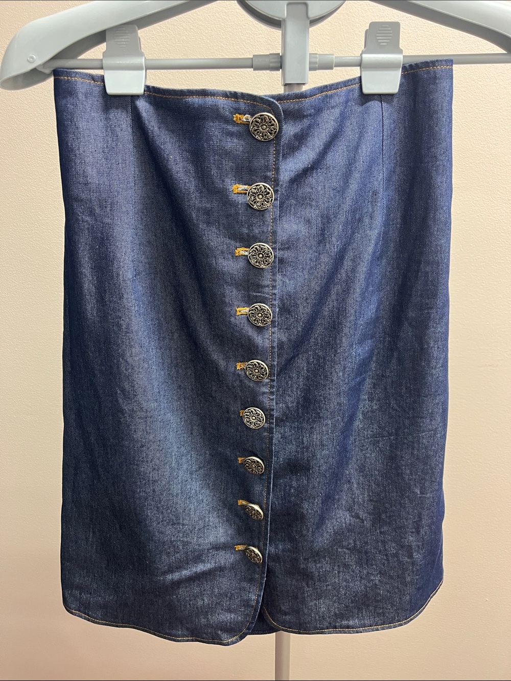 High-Rise Dark Blue Denim Mini Skirt with Decorative Front Buttons